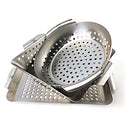 ukon Glory 3-Piece Professional Mini Grilling Basket Set, including a rectangular basket, a deeper pan with wave base, and a round basket, all made of stainless steel with perforations.