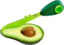 Kuhn Rikon green 3-in-1 avocado knife with serrated blade, pit remover, and scooping tip, displayed on a white background.