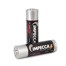 Two Impecca AA alkaline batteries, one upright and one lying down.