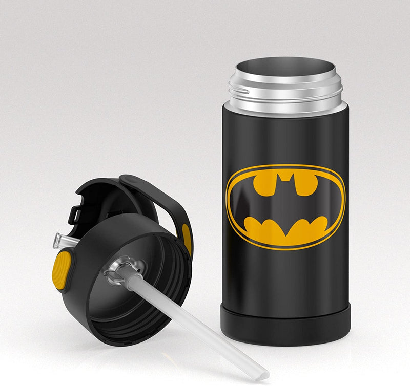 THERMOS FUNTAINER 12 Ounce Stainless Steel Vacuum Insulated Kids Straw Bottle, Batman