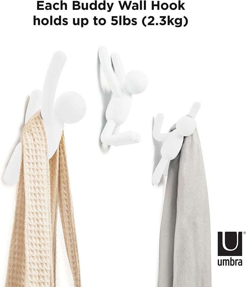 Umbra Buddy Decorative Wall Mounted Hooks for Hanging Coats, Scarves, Bags, Purses, Backpacks, Towels and More, Set of 3, White, 3 Count