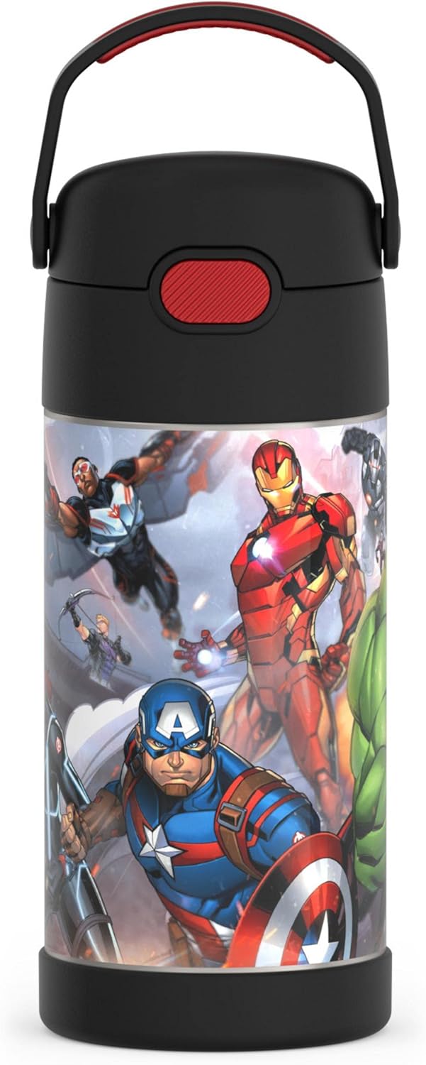 THERMOS FUNTAINER 12 Ounce Stainless Steel Vacuum Insulated Kids Straw Bottle, Avengers