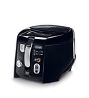 A black and silver De'Longhi deep fryer with a rounded design. The front panel features a control knob, a viewing window, and an "Easy Clean" button. The lid has a ribbed texture and a handle is visible on the side. The "ROTO FRY" logo is prominent on the front.