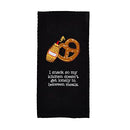 A black waffle weave hand towel featuring an embroidered pretzel and mustard bottle, with the humorous white text: 'I snack so my kitchen doesn't get lonely in between meals.'