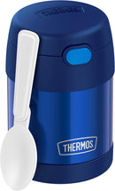 THERMOS FUNTAINER 10-ounce navy kids food jar with push-button lid and foldable spoon, displayed on a white background.