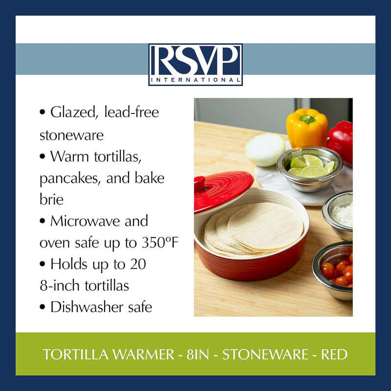 RSVP International Stoneware Tortilla Warmer & Server with Lid, Dishwasher, Microwave and Oven Safe, 8" Dia x 3", Red