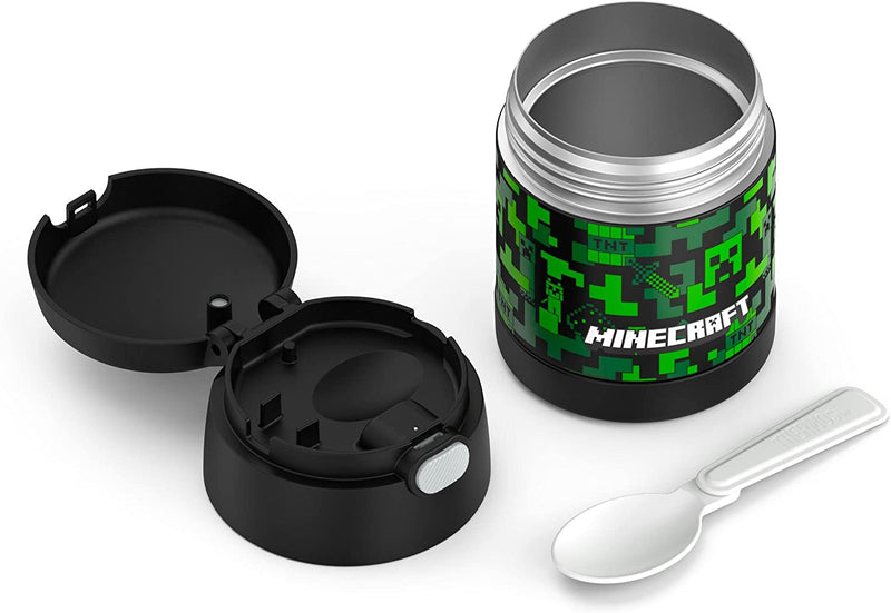 THERMOS FUNTAINER 10 Ounce Stainless Steel Vacuum Insulated Kids Food Jar with Folding Spoon, Minecraft