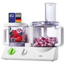 Braun 12-in-1 Multi-Functional Food Processor set with various attachments including blender, citrus juicer, and chopping bowls on a white background.