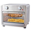 A Silver Brentwood 1700-Watt 24 Quart Convection Air Fryer Toaster Oven that has  glass door revealing the interior. The front of the oven features two control knobs, for temperature and timer selection, and a power indicator light. 