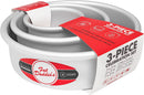 Set of three anodized aluminum round cake pans in 3", 5", and 7" sizes, designed for tiered cakes and deep-dish pizzas, on a white background.