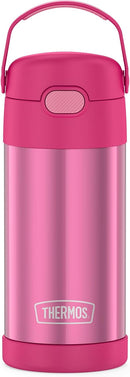 Pink Thermos FUNtainer 12oz stainless steel water bottle with pop-up straw and carry handle shown on a white background.