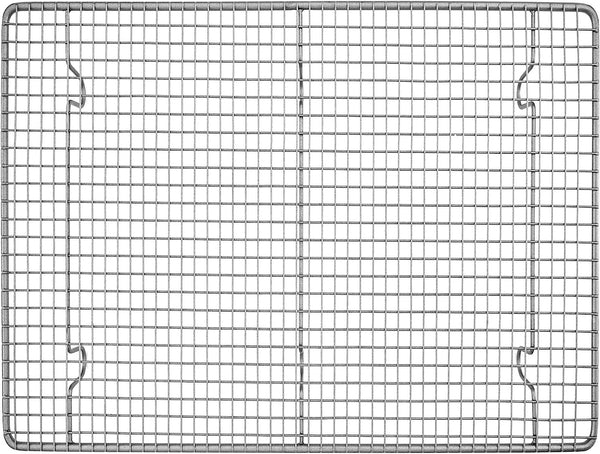 A stainless steel 12" x 17" cooling and baking rack with a cross-wire grid and six supporting feet shown on a white background.