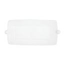 A long, white rectangular serving platter with a subtle ridged texture and knob-like bead handles on the short ends.