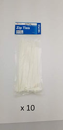 8" 100 Zip Ties 3.6mm thickness White