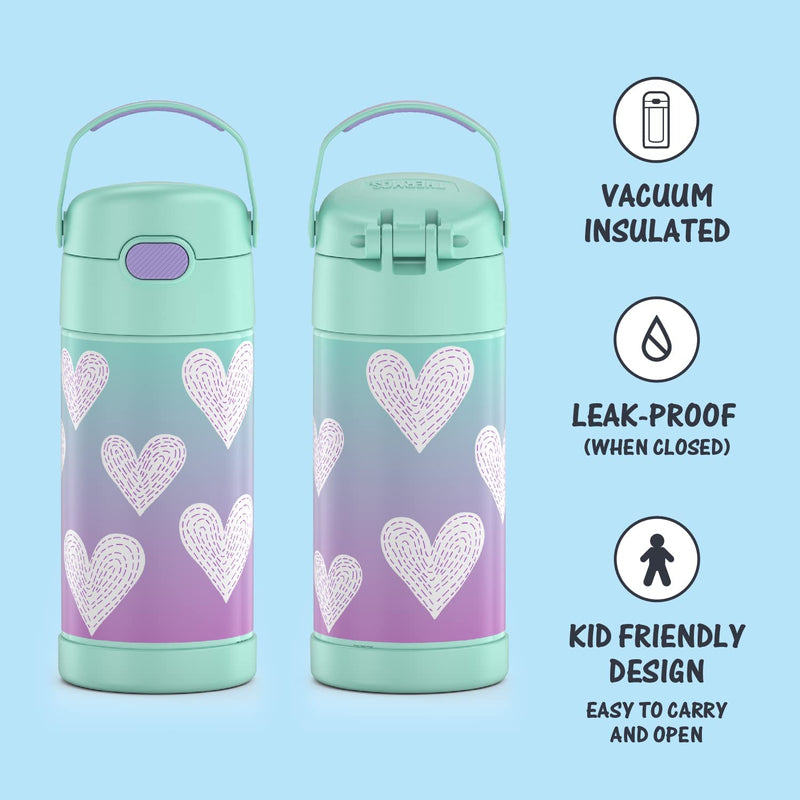 THERMOS FUNTAINER 12 Ounce Stainless Steel Vacuum Insulated Kids Straw Bottle, Purple Hearts