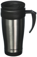 A brushed silver stainless steel travel mug with a black tapered plastic lid, black handle, and tapered base.