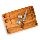 Acacia steak board with knife and two condiment cups displayed on a white background.