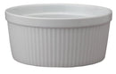 Close-up of a white HIC porcelain souffle ramekin with vertical fluting.