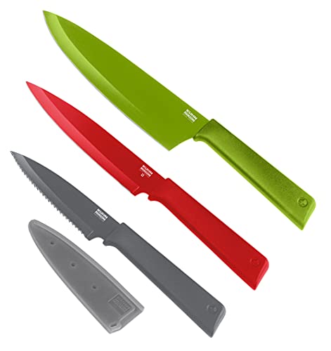 KUHN RIKON COLORI Mixed Knife Set with Non-Stick Coating and Safety Sheaths, Set of 3, Green, Red and Graphite Grey