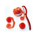 The Original Swiss Peeler by Kuhn Rikon, shown in red, with a durable carbon steel blade for easy vegetable and fruit peeling.