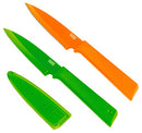Set of two paring knives, one straight green and one serrated orange, with protective sheaths.