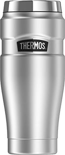 THERMOS Stainless King 16-ounce travel tumbler in matte steel with a leak-proof lid, shown upright on a white background.