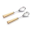 Two-piece hammered gold salad server set with fork and spoon on a white background.

