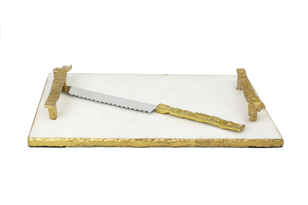 white marbel challah tray with gold hendles