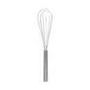 A brushed silver stainless steel balloon whisk with a sleek design.