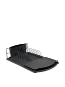 A compact, black dish rack system with a steel wire frame, a draining board, and an integrated utensil holder.