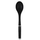 A sleek black cooking spoon, likely made of nylon, with a matte finish on the spoon head and a glossy black handle accented by two silver metal bands.