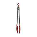 KitchenAid 12-inch stainless steel tongs with red silicone tips and handle, shown on a white background.