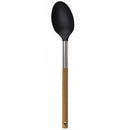 A kitchen solid spoon with a black silicone or rubber head and a light-colored wooden handle.