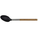 A kitchen solid spoon with a black silicone or rubber head and a light-colored wooden handle.