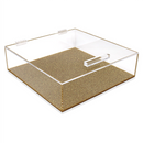 A clear square lucite matzah box with gold accents displayed on a white background.