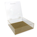 A clear square lucite matzah box with gold accents displayed on a white background.