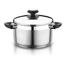 A silver stainless steel stock pot with a lid and black handles.